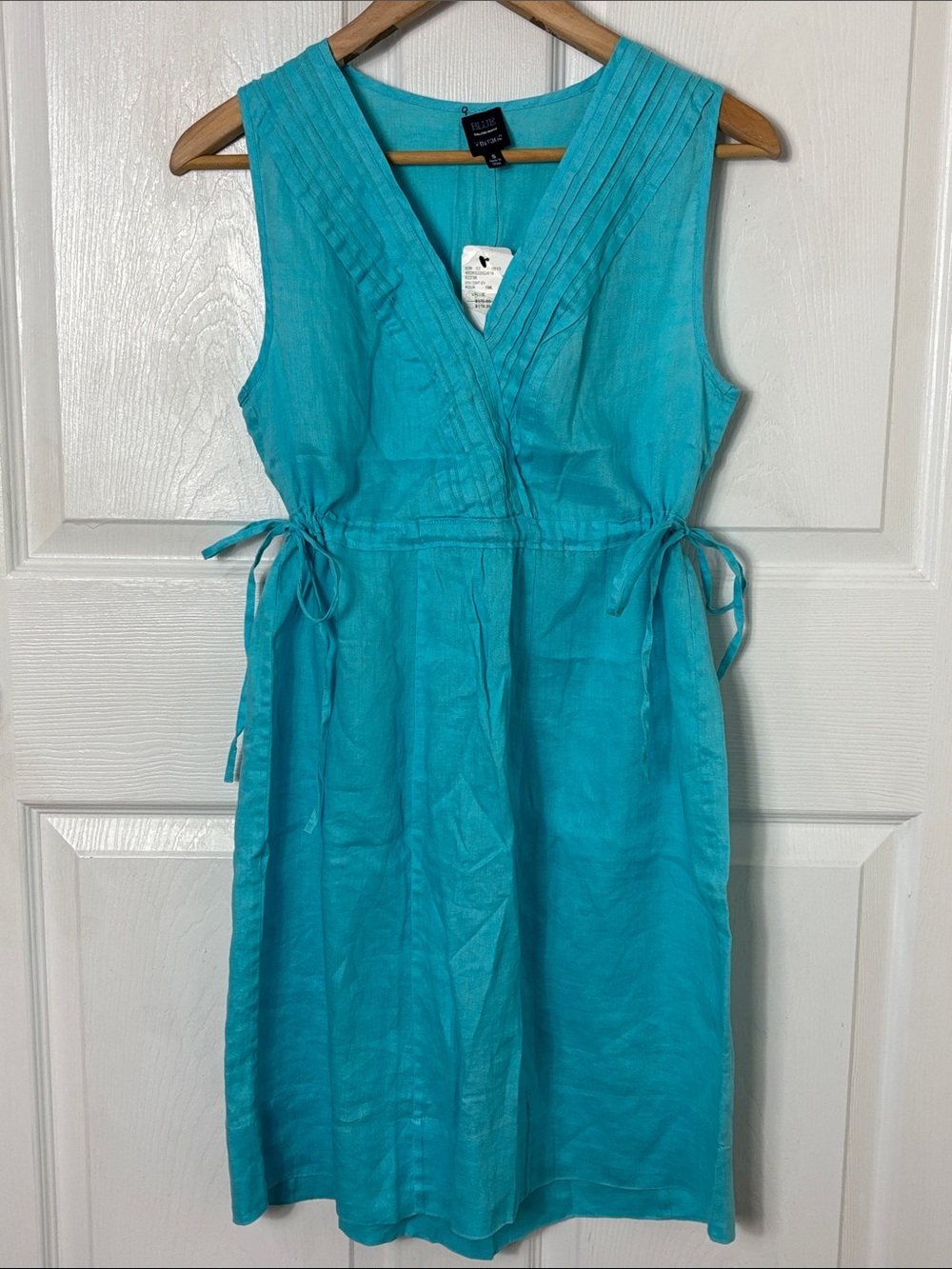 NEW Saks Fifth Avenue Blue Vintage Turquoise Sleeveless Linen Dress Size Small